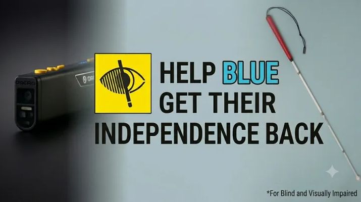 Image with the text Help Blue Regain and sustain Independence and an image of an Orcam Read 3 and cane